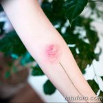 Фото тату: маленькая, нежная розовая роза на женском предплечье. Изящный рисунок татуировки выполнен в акварельной технике с мягкими переходами цветов.