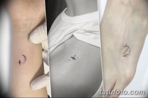 Фото тату: три маленьких минималистичных татуировки - кошка на луне, самолет в полете и силуэт кошки.