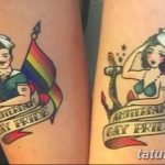 Фото парных тату на руках: мужчина-моряк с радужным флагом и женщина-моряк с радужным флагом. Яркий и символичный рисунок, выражающий любовь и гордость.