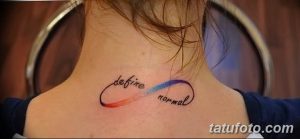 Фото тату: Символ бесконечности с надписью "define normal" на шее. Цветная татуировка, акварельный стиль.