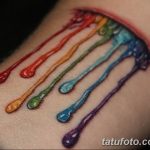 Фото акварельной татуировки на коже: радужные капли, стекающие вниз. Яркий и необычный рисунок татуировки.
