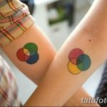 Фото тату двух предплечий с минималистичными цветными кругами, пересекающимися друг с другом. Идеально для пар, желающих выразить свою связь.