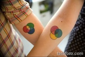 Фото тату двух предплечий с минималистичными цветными кругами, пересекающимися друг с другом. Идеально для пар, желающих выразить свою связь.