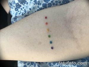 Фото минималистичного тату в виде точек, расположенных в цветах радуги на руке. Нежный и символичный рисунок.