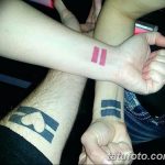 Фото тату: парные татуировки на запястьях двух людей. Черные линии, минималистичный дизайн, символ любви и преданности.