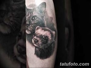 Фото тату реалистичного изображения хорька и кошки на руке. Детализированная прорисовка шерсти и выразительные глаза.