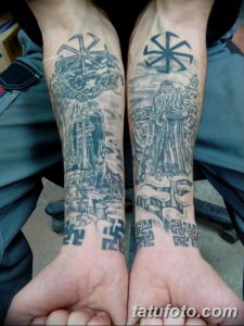 Фото тату: славянские татуировки на предплечьях, символы, узоры, эскиз татуировки в черном цвете, традиционный стиль.