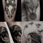 Фотография коллажа из четырех татуировок: женский портрет, кошка с клубком ниток, два женских профиля и птицы. Все рисунки выполнены в графическом стиле.