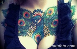 Фото тату павлина на груди. Яркие цвета, детализированная проработка перьев, эффектный дизайн. Подходит для женщин, ценящих красоту и грацию.