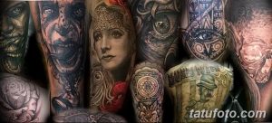 Фото коллажа с различными портретными татуировками. Изображены лица людей в разных стилях и техниках, включая реализм, акварель и геометрию.