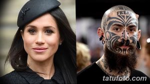 Фотография, демонстрирующая контраст между классической красотой Меган Маркл и мужчиной с экстремальной татуировкой на лице и голове.