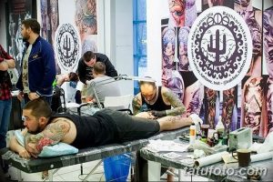 Фото процесса нанесения татуировки на ногу мужчины. Видна тату-машинка и рука мастера, работающего над рисунком.