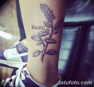 Фото тату с изображением ветки базилика и надписью 'Basil' на руке. Рисунок татуировки выполнен в черно-белых тонах.