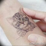 Маленькая черно-белая татуировка котенка на пальце руки, выполненная с высокой детализацией и реализмом.