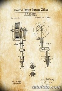 Старинный чертеж патента на тату-машинку 1891 года, техническая иллюстрация, винтажный стиль, детальное изображение, исторический документ.