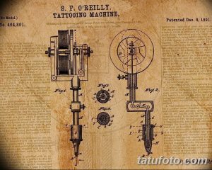 Старинный патент на тату машинку, датированный 1891 годом. Изображение выполнено в сепии, с детальными чертежами и схемами устройства.