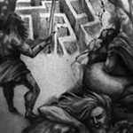 Черно-белое фото тату на руке, изображающее воина с мечом, стоящего над поверженным противником. Детализированный рисунок в стиле реализм.