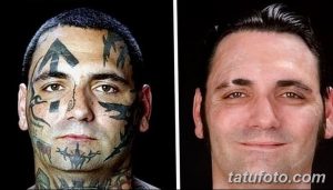 Фотография "до и после", демонстрирующая мужчину с татуировками на лице и без них. Изображены различные рисунки, включая стрелы и символы.