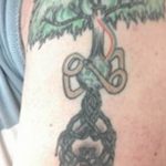 Фото тату с изображением древа жизни на плече. Детализированный рисунок татуировки с использованием зеленых и черных цветов.