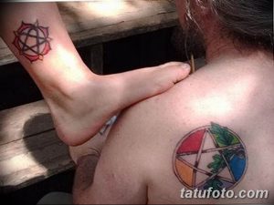 Фото тату двух пентаграмм на теле. Одна пентаграмма на лодыжке, другая на лопатке, выполнены в разных цветах и стилях.