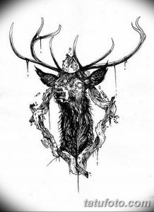 Фото тату оленя в стиле dark art. Голова оленя, окруженная ветвями и каплями, выполненная в черном цвете с использованием штриховки.