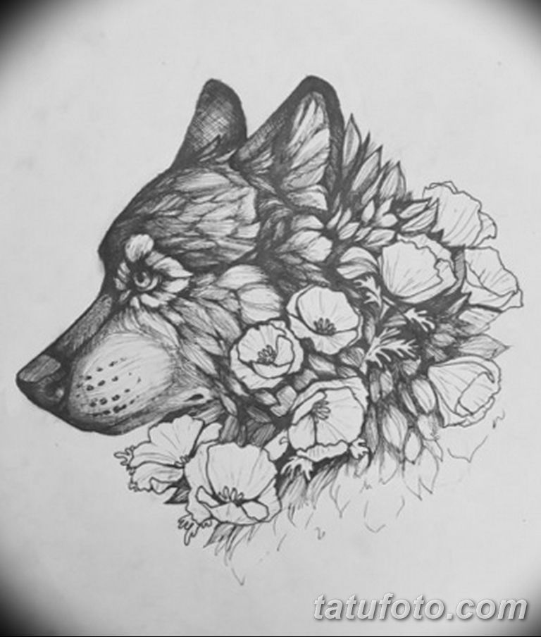 Волк и цветы тату эскиз