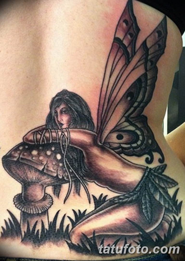 Fairy on mushroom tattoo