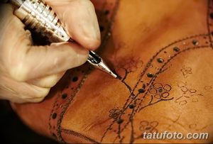 Фото процесса татуировки: мастер наносит рисунок на кожу с помощью тату-машинки. Крупный план, демонстрирующий детали работы.