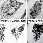 Коллаж из нескольких черно-белых эскизов мужских татуировок: волк, медведь, крылья, череп и другие. Разнообразие стилей и сюжетов.