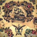 Фото тату в стиле олд скул с морской тематикой: корабль, якорь, розы, ласточки и портреты. Яркие цвета, детализированная прорисовка.