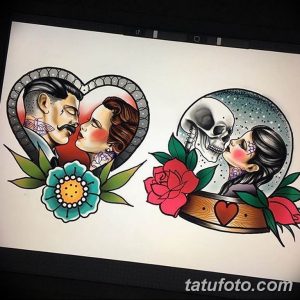 Фото тату эскиза с изображением пары: мужчины и женщины, а также черепа и девушки, целующихся в сердцах, выполненного в традиционном стиле.