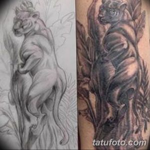 Фотография эскиза и готовой татуировки пантеры на руке, демонстрирующая процесс создания рисунка.