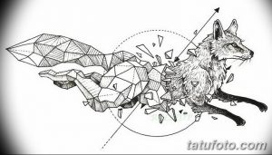 Черно-белый эскиз татуировки лисы, выполненный в геометрическом стиле с использованием треугольников и линий, изображающей животное в прыжке.