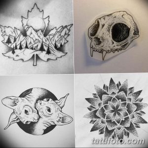 Фотография с четырьмя эскизами тату, выполненными в технике pointillism: лист клена с горным пейзажем, череп кошки, сфинкс и геометрический узор.