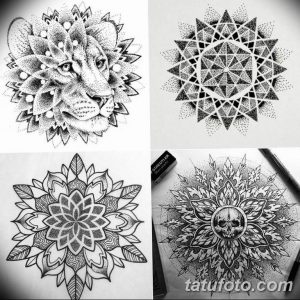 Фотография с четырьмя эскизами тату, выполненными в технике pointillism: портрет льва, геометрическая мандала, сложный цветочный узор и череп.