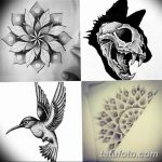 Фотография с четырьмя эскизами тату, выполненными в технике pointillism: цветок, волк, колибри и геометрический узор. Черно-белые рисунки.