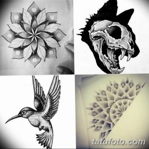 Фотография с четырьмя эскизами тату, выполненными в технике pointillism: цветок, волк, колибри и геометрический узор. Черно-белые рисунки.