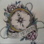 Фото эскиза тату: цветной компас в окружении роз и с лентой с надписью 'Take Me Home'. Романтичный дизайн татуировки.