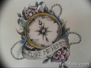 Фото эскиза тату: цветной компас в окружении роз и с лентой с надписью 'Take Me Home'. Романтичный дизайн татуировки.
