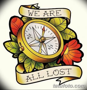 Фото тату: цветной компас в окружении красных роз и с лентами с надписями 'We Are All Lost'. Традиционный стиль татуировки.