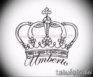 Фото тату: эскиз короны с именем 'Umberto', выполненный в черном цвете с использованием тонких линий и штриховки. Подходит для индивидуальных татуировок.