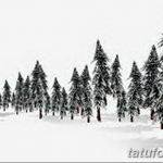 Фото тату: Черно-белый эскиз татуировки с изображением заснеженного хвойного леса, выполненный в реалистичном стиле.