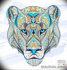 Красочный эскиз татуировки льва, выполненный в этническом стиле с использованием ярких цветов и сложных узоров. Подходит для плеча или спины.