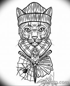 Фото эскиза татуировки: кот в шапке и бабочке, с паутиной на фоне. Черно-белый рисунок в стиле олдскул.