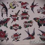 Коллаж из классических эскизов татуировок в стиле Old School: сердца, ласточки, бабочки, розы и надписи.