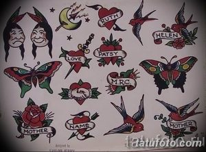 Коллаж из классических эскизов татуировок в стиле Old School: сердца, ласточки, бабочки, розы и надписи.