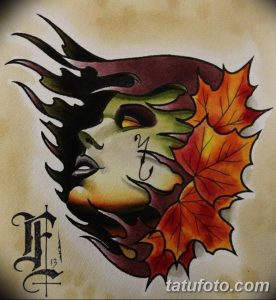 Эскиз татуировки, изображающий женское лицо, частично скрытое осенним листом. Подходит для плеча или спины.