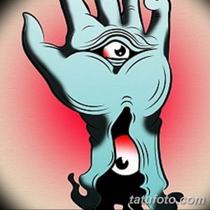 Яркая татуировка в стиле олдскул с изображением руки с глазом, брызгами крови и традиционными элементами. Подходит для предплечья или плеча.