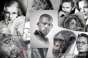 Фотография с подборкой черно-белых эскизов татуировок с портретами знаменитостей, животных и вымышленных персонажей.