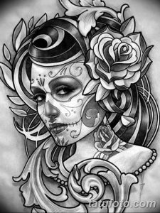 Фото эскиза татуировки девушки в стиле сахарной черепушки (Santa Muerte) с розами и сложной детализацией.
